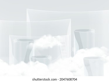Minimal scene with Transparent podium and cloud abstract Transparent  background Scene Studio Or Pedestal For Display, Geometric shapes, shape product display presentation. 3D,Vector