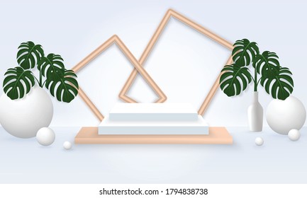 Escena mínima Ilustración vectorial con podio geométrico con marco y planta sobre fondo blanco. escena de burla