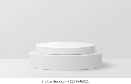 Minimal scene with white cylinder podium on grey background. Product presentation, mock up, show cosmetic. Vector illustration