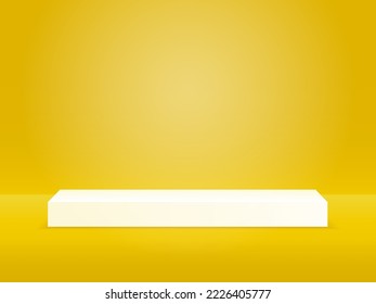 Minimal scene with white geometric platform on yellow background. Stand for products. Stage Showcase on pedestal 3d yellow background studio. Vector