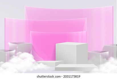 Minimal scene with white podium and cloud abstract pink Transparent background Scene Studio Or Pedestal For Display, Geometric shapes, shape product display presentation. 3D,Vector