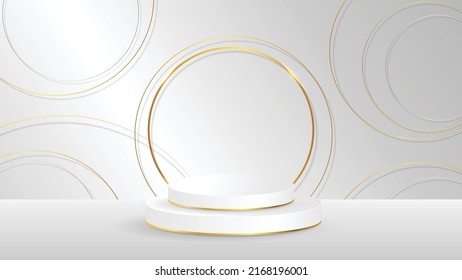 Minimal scenery with geometrical forms. white podium display product and sparkle golden curve line element, background vector 3d render podium. stand cosmetic products. 3d vector illustration.