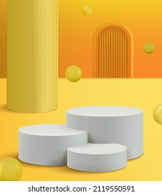 Minimal scenes with geometric patterns white round pedestal on a yellow background with a ball. 3d vector illustration