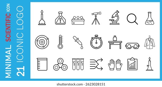 Minimal Science Icon Set  21 Unique Laboratory Symbols Perfect for Educational, Chemistry, Physics, Biology, Research Projects, Infographics, and Scientific Branding in Line Style.