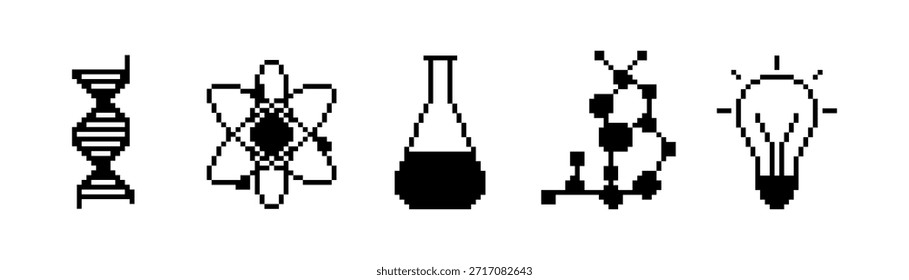 Conjunto de iconos de ciencia mínima con hélice de ADN, modelo atómico, frasco de laboratorio, estructura molecular y símbolos de bombilla. Elementos de Vector de contorno negro limpio para la educación, la investigación y la innovación 