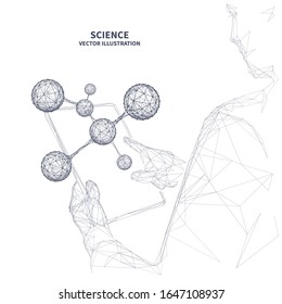 Minimal scientist with pc tablet and model of a molecule. Abstract isolated polygonal person touching on the screen on the model of molecule on white technology background. Science or medicine concept