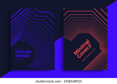 Minimal sci-fi posters set with blue and red lines. Futuristic background with line geometric tunnel. Vector