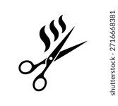 Minimal scissors and flame icon illustration symbolizing hair cutting, barber shop, salon services and styling concept in flat design