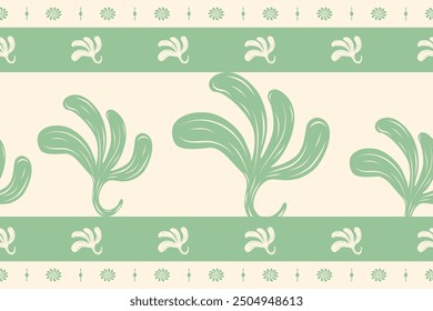 Minimal Scroll Ornament Pattern Call of Nature Collection Seamless Vector. Green Embroidery Leaves Border Plants and Florals on Light Beige Decoration. Geometric Twist Curly Hand Draw Abstract Texture