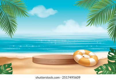 Minimal sea or ocean beach composition with wooden cylinder product podium and inflatable ring on sand shore, calm water and blue sky with white clouds, palm and monstera leaves. Realistic 3d vector.