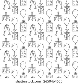 Minimal seamless birthday pattern with festive icons in outline style. Ideal for cards, party decor, wrapping paper, and celebration branding