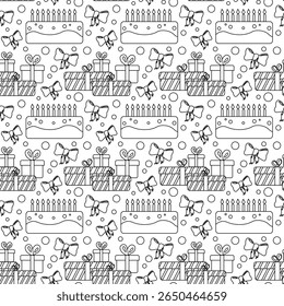 Padrão de aniversário perfeito mínimo com ícones festivos em estilo de contorno. Ideal para cartões, decoração de festa, papel de embrulho e marca de celebração