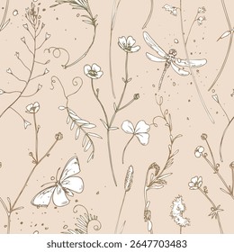 Padrão botânico sem emenda mínimo com ervas, borboletas e libélulas desenhadas à mão em estilo de arte de linha limpa em fundo bege. Ideal para embalagem, papel de parede e marca de produto natural.