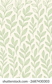 Mínimo padrão botânico sem costura com folhas verdes macias em um fundo bege. Ideal para tecido, papel de parede e design de produto eco-friendly.