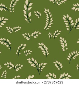 Minimal seamless botanical vector pattern with tiny leafy branches on olive green background. Modern organic foliage design for fabric, wallpaper, packaging, and decor