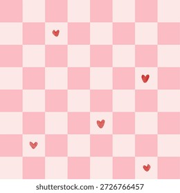 Modelo inconsútil mínimo del tablero de ajedrez con los cuadrados rosados pastel suaves y los corazones rojos dispersos Pequeños. Fondo limpio y sutil con temas de amor, perfecto para la marca moderna, papelería, Fondos de pantalla, embalaje, papel digital y diseños minimalistas de San Valentín.