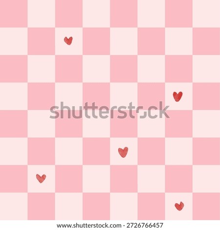 Minimal seamless checkerboard pattern with soft pastel pink squares and small scattered red hearts. Clean and subtle love-themed background, perfect for modern branding, stationery, wallpapers, packaging, digital paper, and minimalist Valentine designs.
