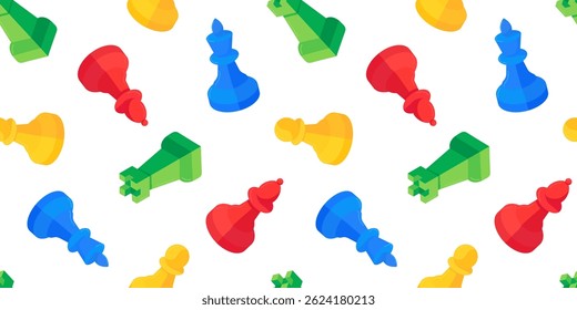 minimal seamless chess pattern with red, blue, yellow and green pieces on white background – modern playful vector illustration in isometric 3D style