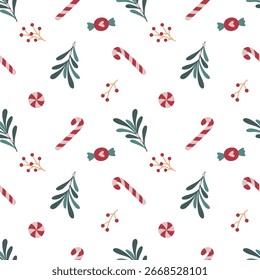 Padrão de Natal sem costura mínimo com bengalas de doce, bagas e folhagem em um fundo branco limpo. Ideal para papel de embrulho e projetos de design festivos.
