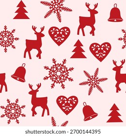 Mínimo padrão de Natal sem costura com renas vermelhas, flocos de neve, corações, sinos e árvores no fundo claro. Perfeito para embrulhar papel, impressões de tecido, cartões de saudação e projetos de design festivos.
