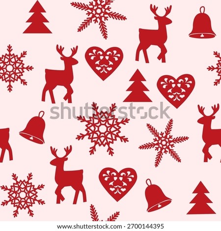 Minimal seamless Christmas pattern with red reindeer, snowflakes, hearts, bells and trees on light background. Perfect for wrapping paper, fabric prints, greeting cards and festive design projects.