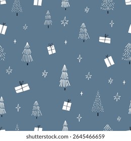 Minimal Seamless Christmas Pattern with Trees and Gifts on Blue Background