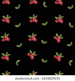 Minimal seamless cranberry and leaf design on a dark background, perfect for modern packaging, fabric prints, or seasonal themes.