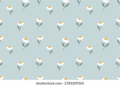 Minimal seamless daisy pattern with pastel blue background and simple hand drawn flowers. Clean botanical repeat illustration ideal for wallpaper, textile, wrapping paper, nursery decor, stationery, and modern surface pattern design.