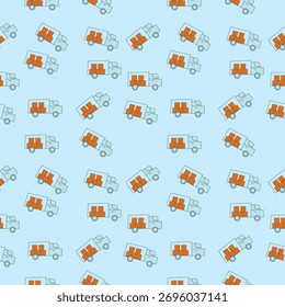 Fondo de entrega sin fisuras mínimo con camiones azules que transportan cajas marrones en color azul claro perfecto para la logística de envío de transporte y diseños temáticos de almacén