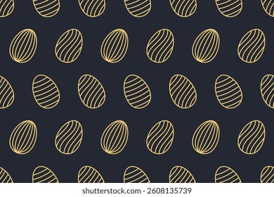 Minimal seamless Easter pattern with golden outline eggs on dark background. Elegant festive design for wrapping paper, textiles, spring decor, greeting cards, and modern holiday themes