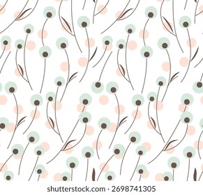 Minimales nahtloses Blumenmuster mit abstrakten Pastellblumen und gekrümmten Stängeln auf weißem Hintergrund