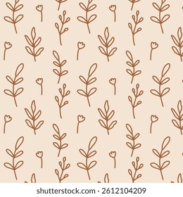 Minimal seamless floral pattern with hand-drawn botanical elements. Simple doodle-style leaves and flowers in brown on a beige background. Great for textile, packaging, wallpapers, and stationery.