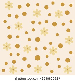 Minimal seamless flower and dot pattern background. Flat, simple, cute, abstract flowers. kids' decoration, textile, wrapping paper, fashion etc. yellow, orange colors