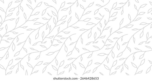 Minimal seamless leaf outline pattern with soft gray botanical branches on white background. Elegant foliage design for fabric, wallpaper, eco packaging, and nature-inspired projects.