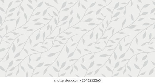 Minimal seamless leaf pattern in soft gray tones. Elegant botanical vector background for fabric, wallpaper, eco packaging, stationery, and modern nature-themed design projects.