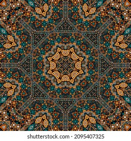 Ornamento mínimo sin fisuras con estructura de elementos geométricos. Motivo étnico arabio. Impresión de empaque. Fondo de elementos pequeños. Patrón de bordado vectorial.