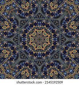 Ornamento mínimo sin fisuras con estructura de elementos geométricos. Diseño gráfico de apache. Impresión de tejido. Simetría de elementos pequeños. Patrón de collage de vectores.