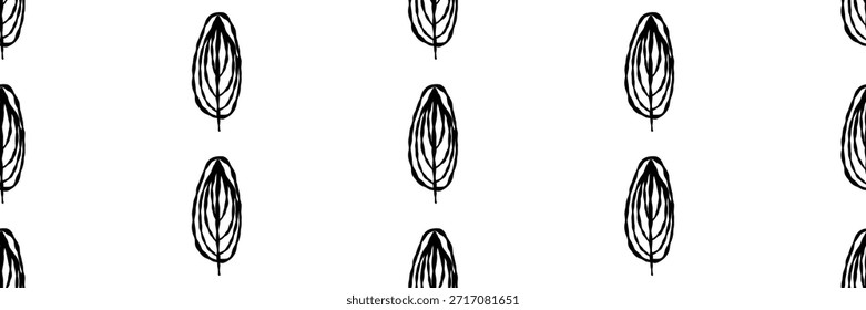 Minimal seamless pattern with black tea leaf doodles. Simple white background in hand drawn abstract style. Vector illustration on an isolated background.