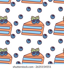 Minimal seamless pattern with blueberry cheesecake slices and dotted berry background in light blue and orange tones