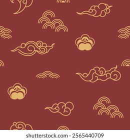 Minimal seamless pattern of clouds and symbolic flowers in a clean linear design on red and gold tones. Perfect for decor and celebration.