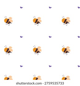 Minimal seamless pattern with cute bees on white background. Simple repeating insect ornament for textile, wallpaper, wrapping paper design