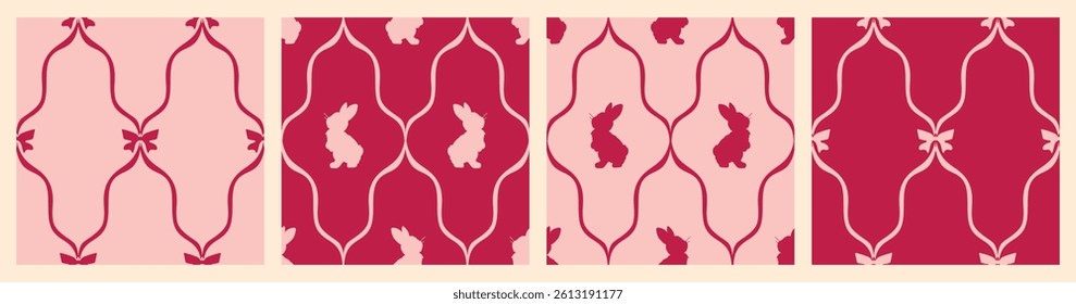 Minimal seamless pattern with cute bunnies and ribbons arranged in elegant rhombuses. Preppy girly aesthetic in a wine and pink shades. Background for textiles, or wallpaper