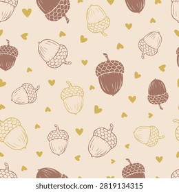 Minimal seamless pattern featuring acorns and tiny heart accents in soft earthy colors. Perfect for autumn fabric, nursery textiles, wallpaper, wrapping paper, scrapbook and seasonal stationery.