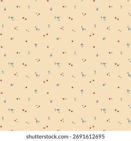 Minimal seamless pattern featuring hand-drawn berries and flowers, including strawberries, blueberries, cherries, and tiny floral elements on a soft beige background. 