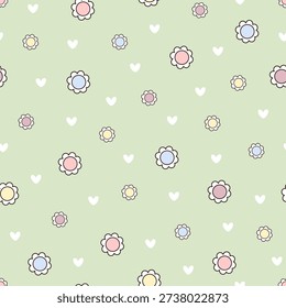 Minimal seamless pattern with flowers and hearts, Blooming Spring flower power, Summer floral background
