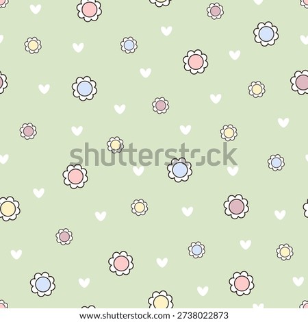 Minimal seamless pattern with flowers and hearts, Blooming Spring flower power, Summer floral background