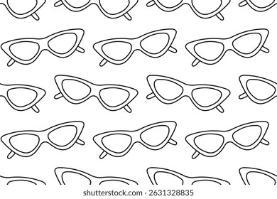 Minimal seamless pattern of hand-drawn cat-eye sunglasses in black outline. Fashionable lineart design on a transparent background.

