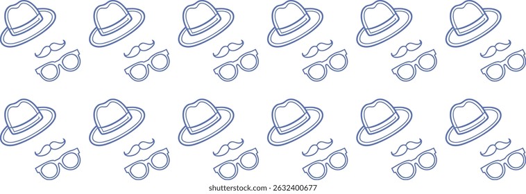 Minimal seamless pattern with hand-drawn hats, sunglasses, and mustaches in a repeating design. Great for Father’s Day, vintage themes, or masculine gift wrap. Perfect for textiles and backgrounds.