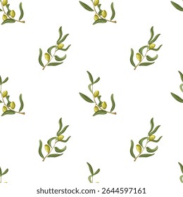 Padrão sem emenda mínimo de galhos de azeitona. Desenho desenhado à mão vetor com folhas de oliveira e ramos finos isolados no branco. Ótimo para embalagens, têxteis, cozinha, fundos de menu