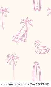 Minimal seamless pattern of pink summer icons including palm trees, deck chair, surfboards and inflatable flamingo on beige background